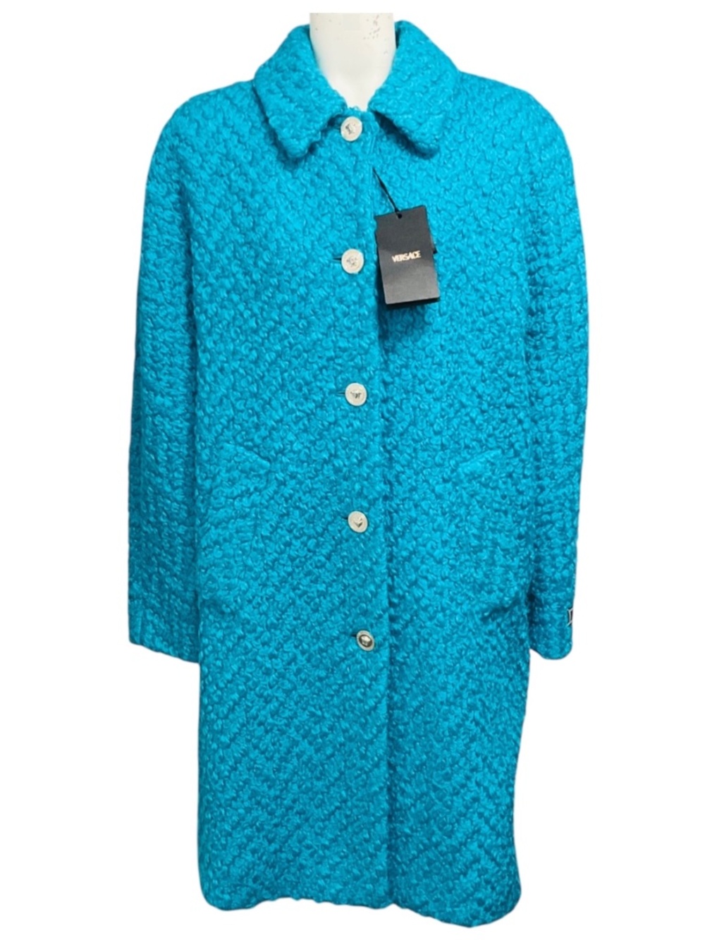 VERSACE TURQUOISE ASTRAKAN BOUCLE WOOL COAT WITH MEDUSA BUTTONS